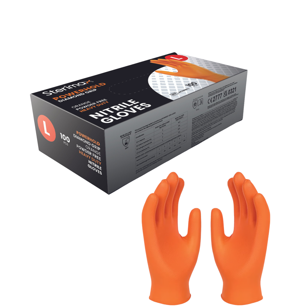 Large Powerhold Nitrile Orange Diamond Grip Gloves